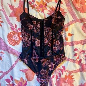 Free People Black and Pink Floral Bodysuit